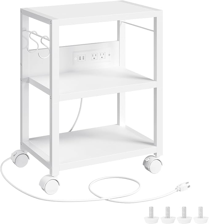 MAHANCRIS Industrial Printer Cart, 3-Tier Mobile Printer Stand, Rolling Cart with 2 AC Outlets and 2 USB Ports, Home Printer Stand with 2 Hooks, for Office, Living Room, White PTWT40E01