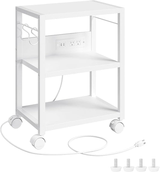 MAHANCRIS Industrial Printer Cart, 3-Tier Mobile Printer Stand, Rolling Cart with 2 AC Outlets and 2 USB Ports, Home Printer Stand with 2 Hooks, for Office, Living Room, White PTWT40E01
