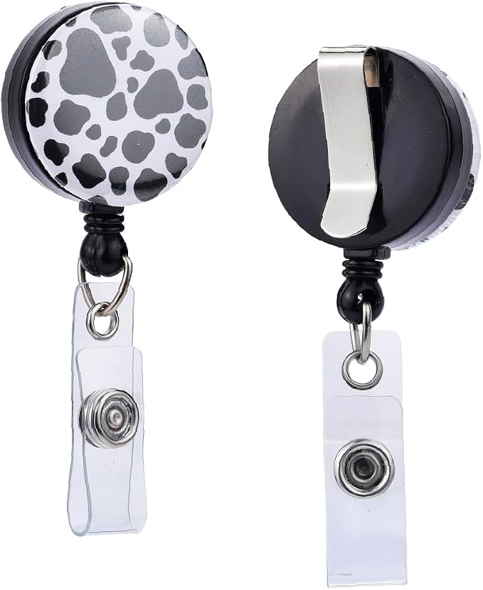 Will Well Badge Holders with Belt Clips for Securing onto Pockets and Purse Straps, with Retractable 27.5" UHMWPE Fiber Pull Cords, Strong Build with Fun Designs - 2-Pack, Cow Print | ID Badge Holder Reel with Metal Casing with 27.5"UHMWPE Fiber Pull C...