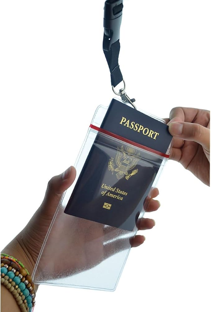 5 Pack - Passport & Vaccination Card Holder - Heavy Duty Waterproof Tear Resistant Sleeve with Zip Top & Premium Breakaway Lanyard - 4X6 Insert for Cruise, Travel, & Beach Vacation Documents (Black)