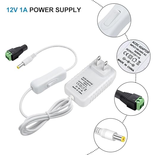 12V Power Supply, 12 Volt 1A 12W DC Power Supply with On Off Switch, White Switching LED Power Adapter, AC 110V to 12V Transformer Plug for LED Strip Lights with 5.5/2.1 DC Female Connector, 3 Pack