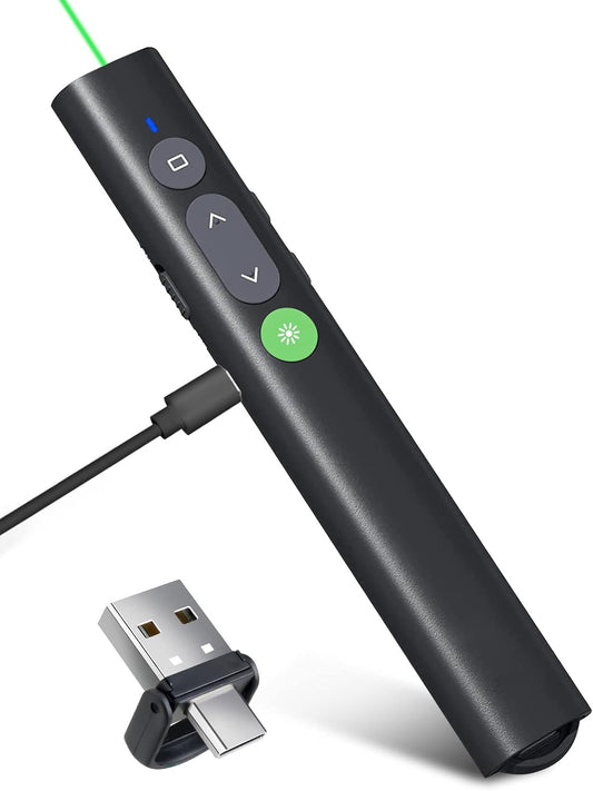 Rechargeable Presentation Clicker for PowerPoint Green Light Pointer, USB-A/USB-C Wireless Presenter Remote, Google Slide Advancer Smart Board Slideshow PPT Clicker for Mac/Laptop/Computer/Office