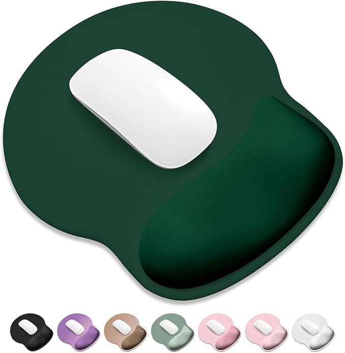 ITNRSIIET Ergonomic Mouse Pad with Wider Memory Foam Wrist Rest +17% - Curved Cushion Reduces Pressure 20%, Pain Relief, Non-Slip, Smooth, Cute Colors, 9.85 x 9 in, Deep Green