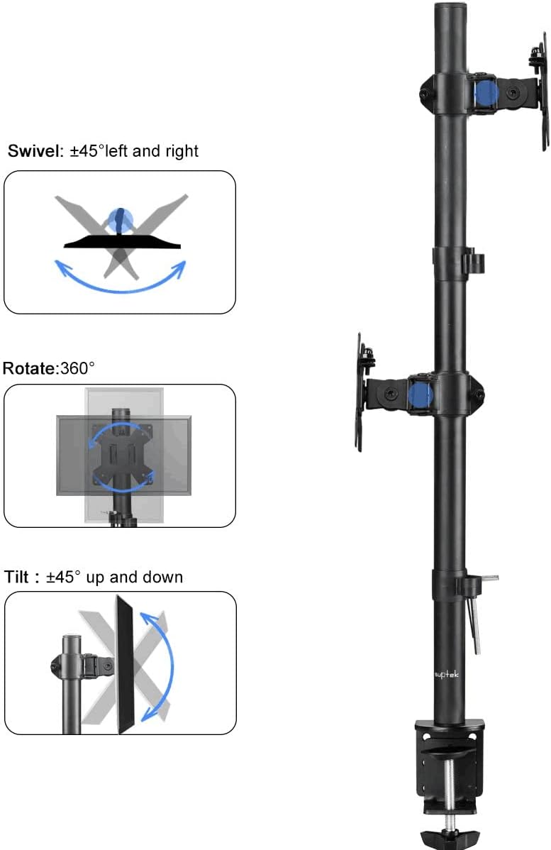 Suptek Dual LED LCD Monitor Stand up Desk Mount for 2 / Two Screens up to 32 inch Extra Tall 31.5" Pole Heavy Duty Fully Adjustable Stand Vertical Array (MD6802)