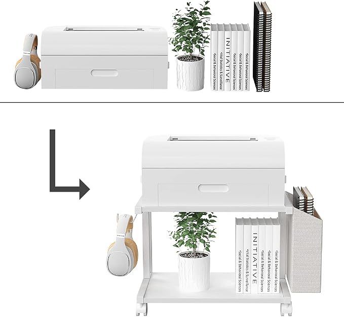 VEDECASA 2 Tier Modern White Wooden Under Desk Printer Stand with Storage Bag for Home Office Desktop Printer Table Organizer Mobile Printer Shelf Cart with Caster Wheel (White)