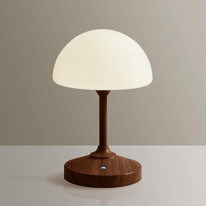 Mushroom Lamp Cordless Lamp Table Lamp,Outdoor Waterproof Shower Lamps,5000mAh Rechargeble Battery Operated Dimmable Touch Desk Lamps,LED Night Light for Bathroom Patio Camping Outdoor/Walnut