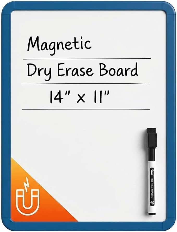 Mr. Pen- Dry Erase Board, 14” x 11” with a Black Dry Erase Marker | Dark Blue Frame, Small Mini White Board for Students, Fridge, Wall, Locker, Includes Double Sided Tapes