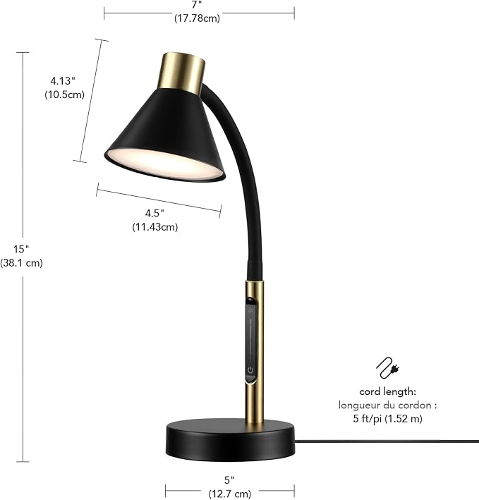 Globe Electric 62000034 15" LED Integrated Desk Lamp, Matte Black, Brass Accent, Adjustable Gooseneck, Dimmable, 3 Color Temperature, 7.5W, 90 CRI, 400 Lumens, Reading Light, Dorm Room Essentials