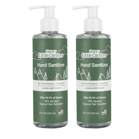 Happy Little Camper Hand Sanitizer with Lemon Zest Scent - Moisturizing Gel with Vitamin E & Antimicrobial Formula- Contains 70% Ethyl Alcohol - Travel Size, Made in USA - 2x 8oz bottles