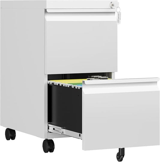 2 Drawer Mobile File Cabinet, Fully Assembled File Cabinets with Lock, Metal Rolling Filing Caninet on Wheels, Small Two Drawer Under Desk Cabnet for Letter/Legal / A4 / File Box - White