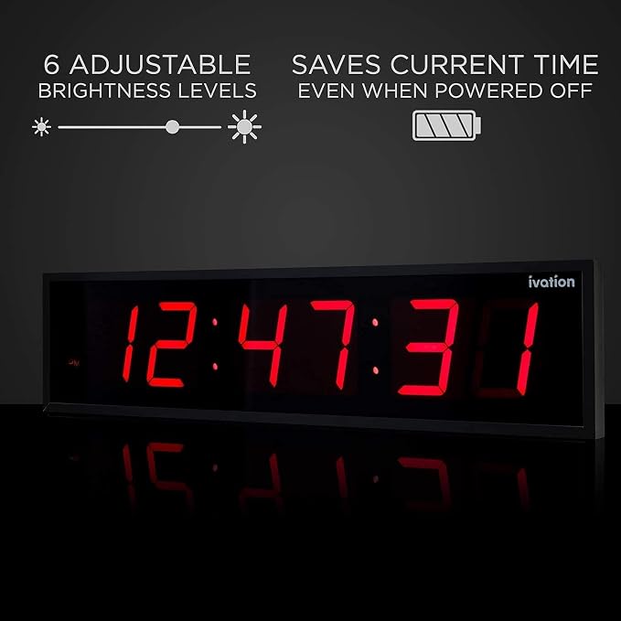Ivation Oversized Large Digital Wall Clock - Big LED Digital Clock w/Large Display & Durable Aluminum Frame, Shelf or Wall Mount (24 Inch - RED) 6 Brightness Levels | Time Memory | Remote