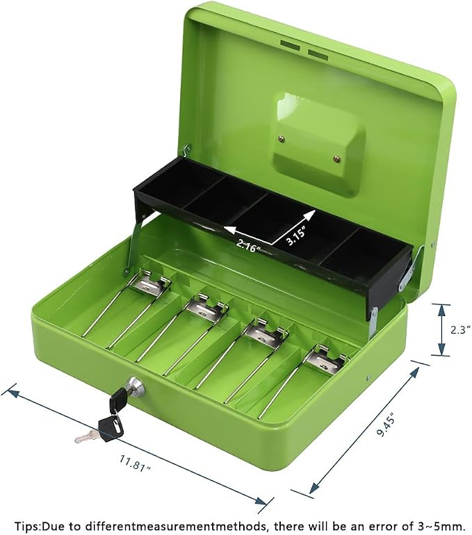 KYODOLED Locking Cash Box with Lock,Money Box with Cash Tray,Lock Safe Box with Key Money Saver,Money Saving Organizer,11.81Lx 9.45Wx 3.54H Inches,Limegreen XL Large