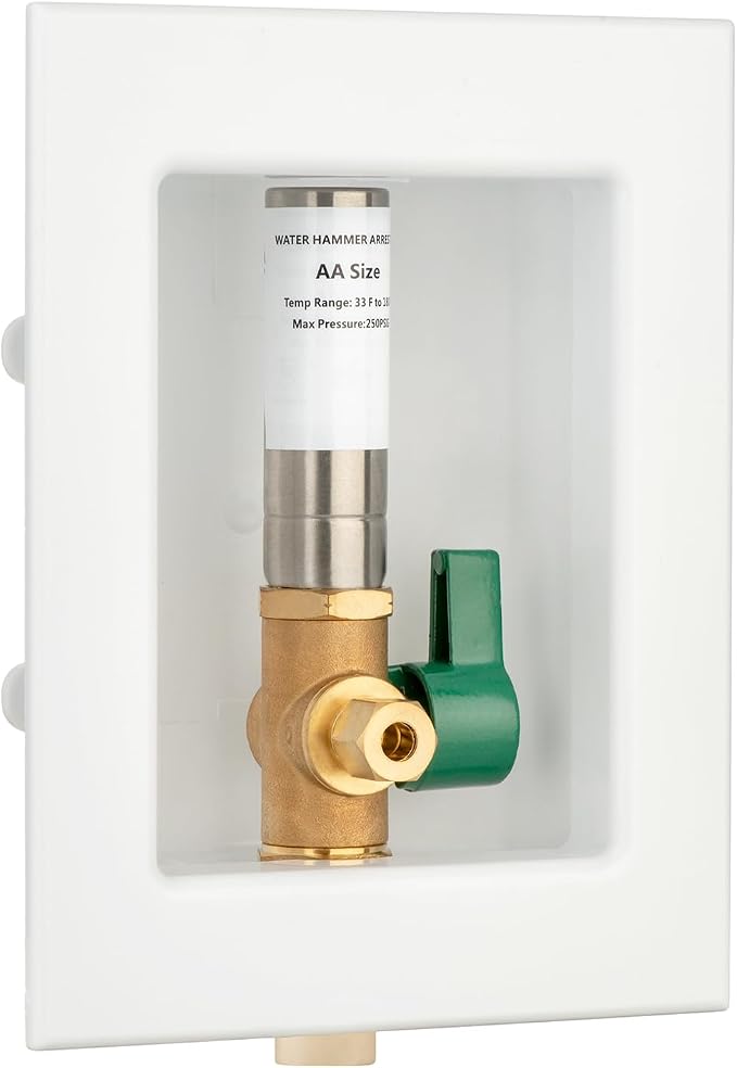 (1 Pack) Lidertik 1/2 inch CPVC Connect Pre-Assembled Ice Maker Outlet Box Valve 1/4 inch Recessed Refrigerator Water Line Wall Box with Shut Off Valve and Stainless Steel Water Hammer Arrestor 641