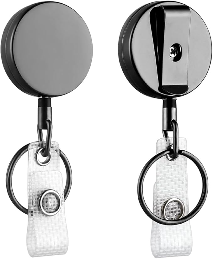 Will Well 2 Pack Retractable Keychain - Metal Badge Reel - Glossy Black | ID Badge Holder Reel with Metal Casing with 27.5"UHMWPE Fiber Pull Cord for Durability and Easy Access - Holds up to 8 Keys