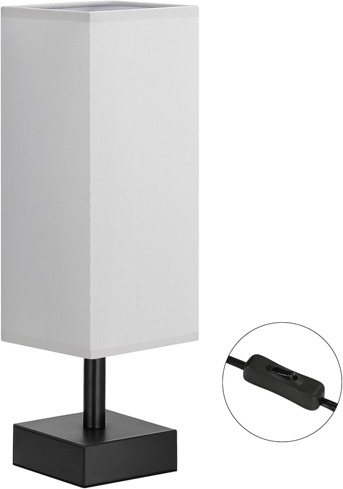 aooshine Small Bedside Table Lamp for Bedroom - Square Grey Fabric Shade | Inline Rocker Switch, Corded Electric, Bulb Not Included, 12.8" Mini Table Lamp for Nightstand, Desk, Dorm, Office