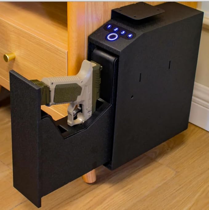 Biometric Slider Handgun Gun Safe for Nightstand, Desk, Bed Side,Truck - Auto Sliding Door Hand Gun Safe for Pistol -with Fingerprint, PIN Code, KEY Access
