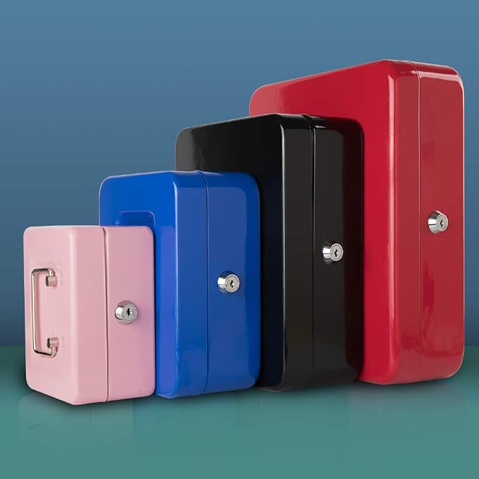 KYODOLED Cash Box with Money Tray,Storage Safe Lock Box with Key,Cash Drawer,7.87"x 6.30"x 3.54" Blue Medium