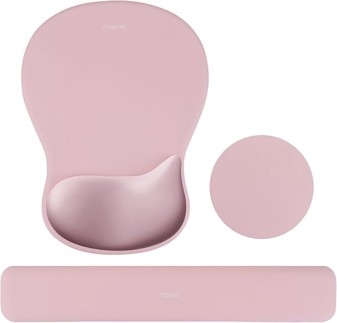 MOSISO Wrist Rest Support for Mouse Pad & Keyboard Set, Pink | Ergonomic Mousepad&Coaster, Non-Slip Base Home/Office Rectangular Easy Typing Pad with Soft Cloth&Curved Memory Foam