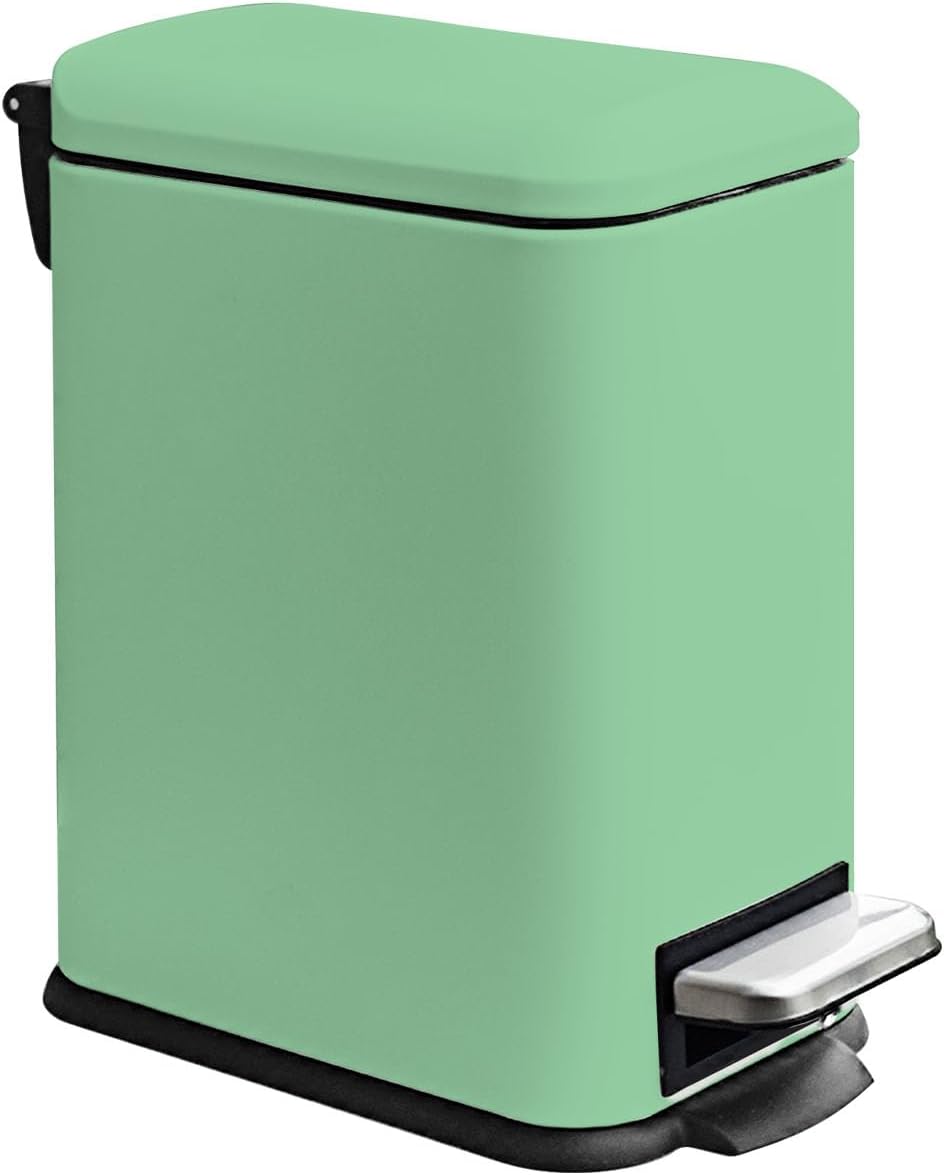 Bathroom Trash Can with Lid，5 Liter / 1.3 Gallon Small Trash Can with Removable Liner Bucket, Soft Close lid & Step Pedal, Stainless Steel Trash Bin for Bathroom,Bedroom,Home Office, Green
