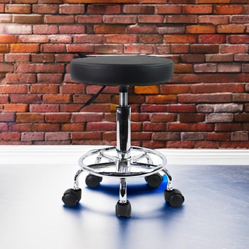KKTONER PU Leather Round Rolling Stool with Foot Rest Swivel Height Adjustment Spa Drafting Salon Tattoo Work Office Massage Stools Task Chair Small (Black)