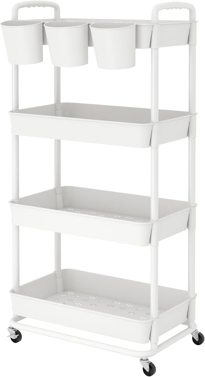 4-Tier Plastic Rolling Storage Cart Utility Cart White | Utility Cart with Extra Hanging Cups Arc-Shaped Handles Lockable Wheels for Living Room Bathroom Kitchen Office