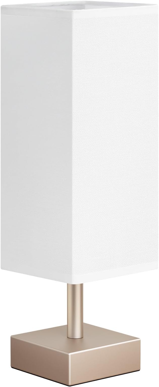 Antique White Small Bedside Lamp for Bedroom - Square White Fabric Shade | Inline Rocker Switch, Corded Electric, Bulb Not Included, 12.8" Mini Table Lamp for Nightstand, Desk, Dorm, Office