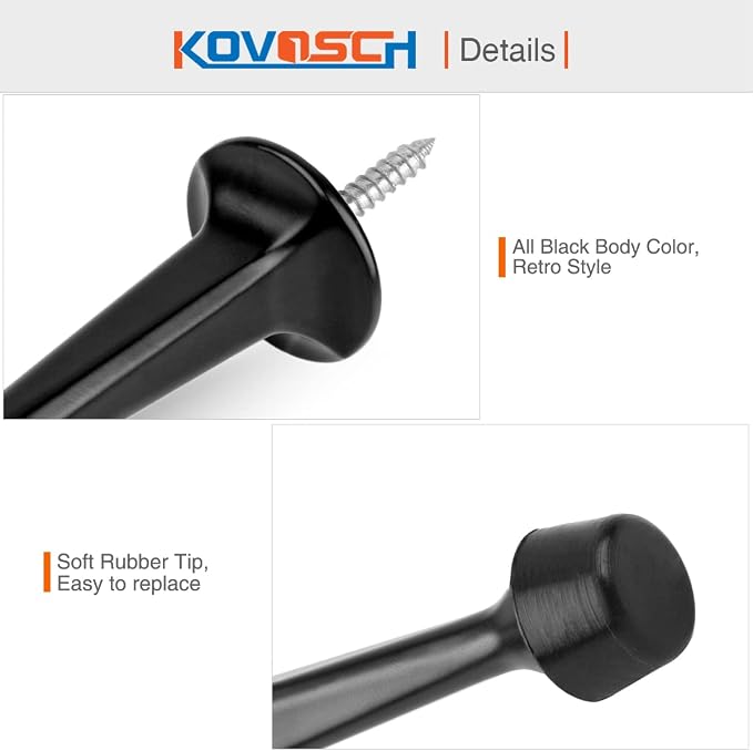 6 Pack Solid Rigid Door Stops - Heavy Duty Door Stoppers Wall Protector with Soft Rubber Tips, Black