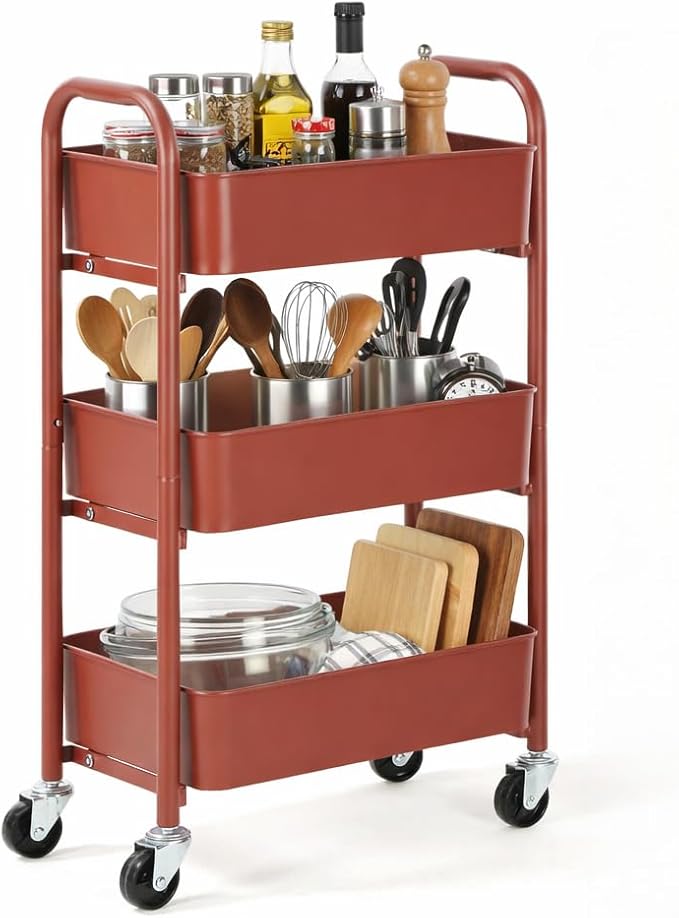 SunnyPoint 3-Tier Delicate Compact Rolling Metal Storage Organizer - Mobile Utility Cart Kitchen/Under Desk Cart with Caster Wheels (RED, 15.35" X 10.24" X 26.8"H)