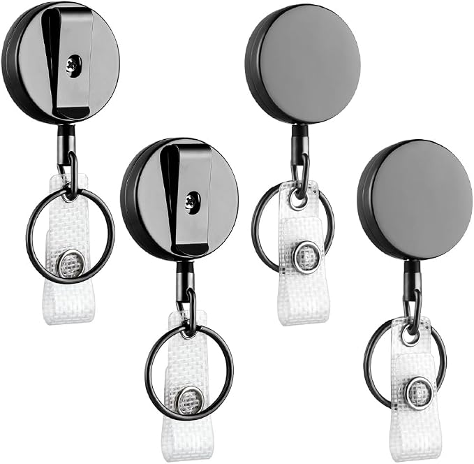 Will Well 4 Pack Retractable Keychain - Heavy Duty Metal Badge Reel - Black | ID Badge Holder Reel with Metal Casing with 27.5"UHMWPE Fiber Pull Cord for Durability and Easy Access - Holds up to 8 Keys