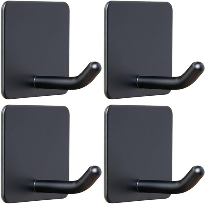 FOTYRIG Adhesive Towel Hooks No Drill Wall Hooks Stick on Wall Hangers Shower Hooks for Inside Shower Bathrooms Kitchen Door Black -4 Packs
