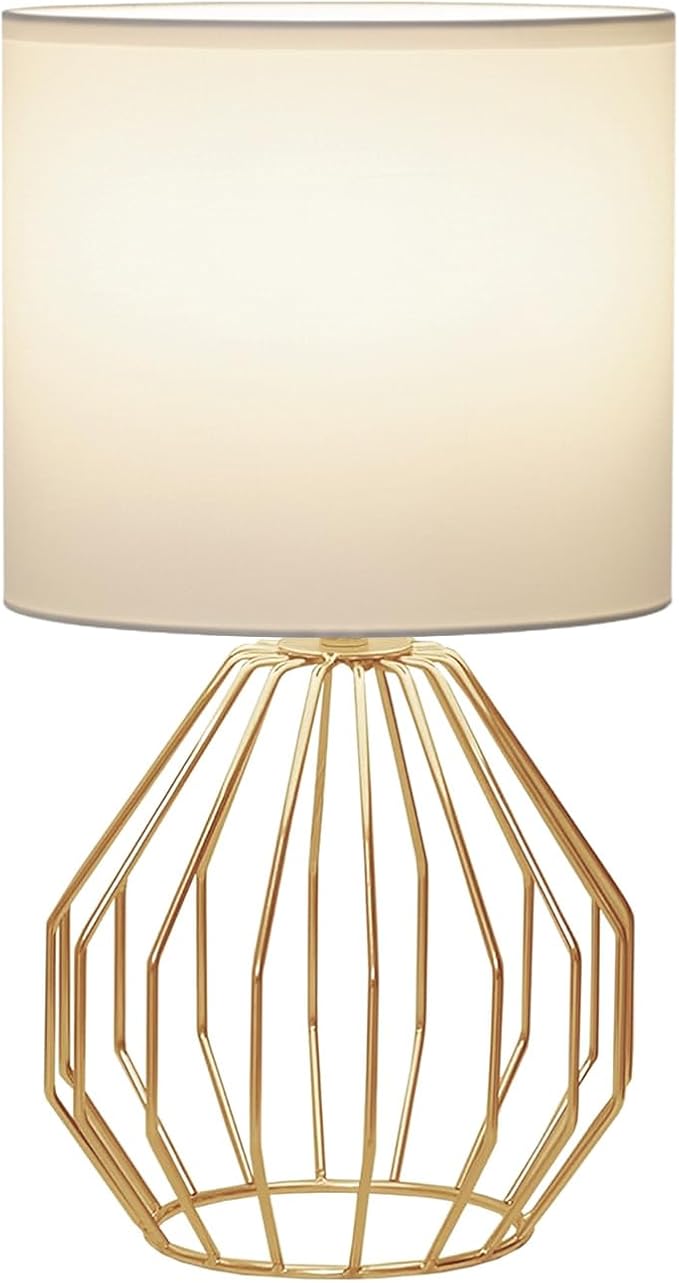 Brass Gold Table Lamp, Small Bedside Nightstand Lamp with White Fabric Shade, Metal Base Modern Geometric Desk Lamp for Bedrooms Living Room Office Kids Room