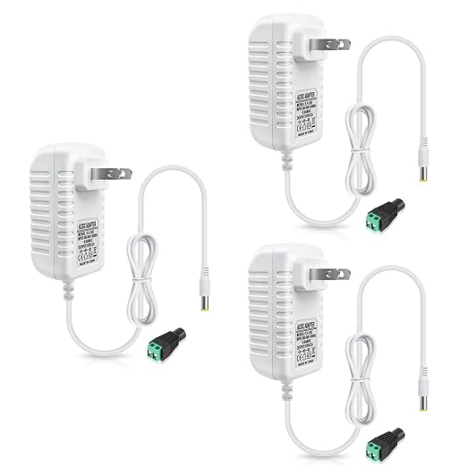 12V Power Supply, 12 Volt 2A 24W DC Power Supply, White LED Power Adapter, AC 110V to 12V Wall Mounted Transformer Plug for LED Strip Lights with 5.5/2.1 DC Female Connector, 3 Pack