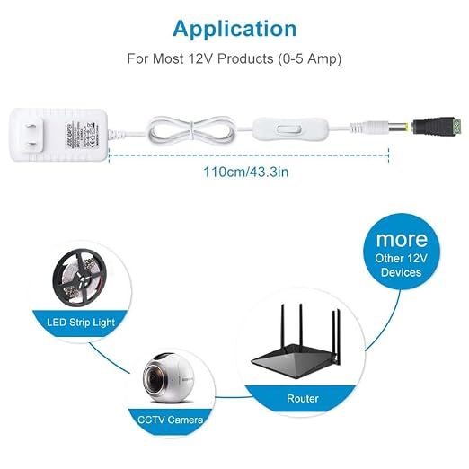 12V Power Supply, 12 Volt 2A 24W DC Power Supply with On Off Switch, White Switching LED Power Adapter, AC 110V to 12V Wall Wart Transformer Plug for LED Strip Lights with 5.5/2.1 DC Female Connector