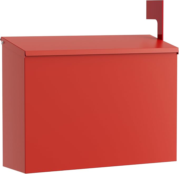 Wall-Mount Mailbox for Outside, Large Capacity Rust-Proof Mail Box with Stay-Open Lid & Red Flag Kit, Galvanized Steel Weather-Resistant Post Box for House Outside, 10.5"x4.3"x14.2", Red
