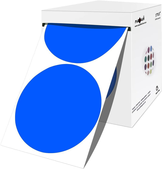 PARLAIM 3 Inch Color Code Circle Dot Stickers, 500pcs Round Color Coding Labels in Dispenser Box for Inventory Business, Blue
