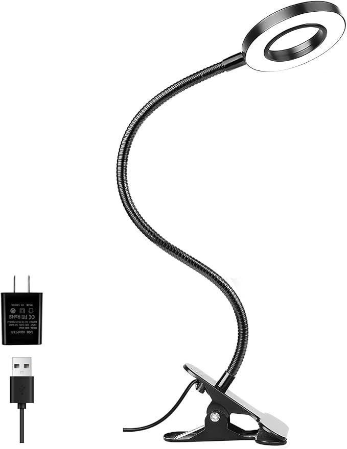 Woputne Desk Lamps Clip on Reading Light for Bed Home Office Craft (Black) | With 5V 2A Adapter, 10 Dimmable Brightness 3 Modes, Flexible Neck Light Desk Lamps for Home Office Headboard