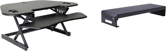 Rocelco 46" Height Adjustable Corner Standing Desk Converter with AC Outlet USB Charger and Dual Stand - Tabletop Computer Riser Workstation - Large Keyboard Tray - Black (R CADRB-46-ACUSB-DMS)