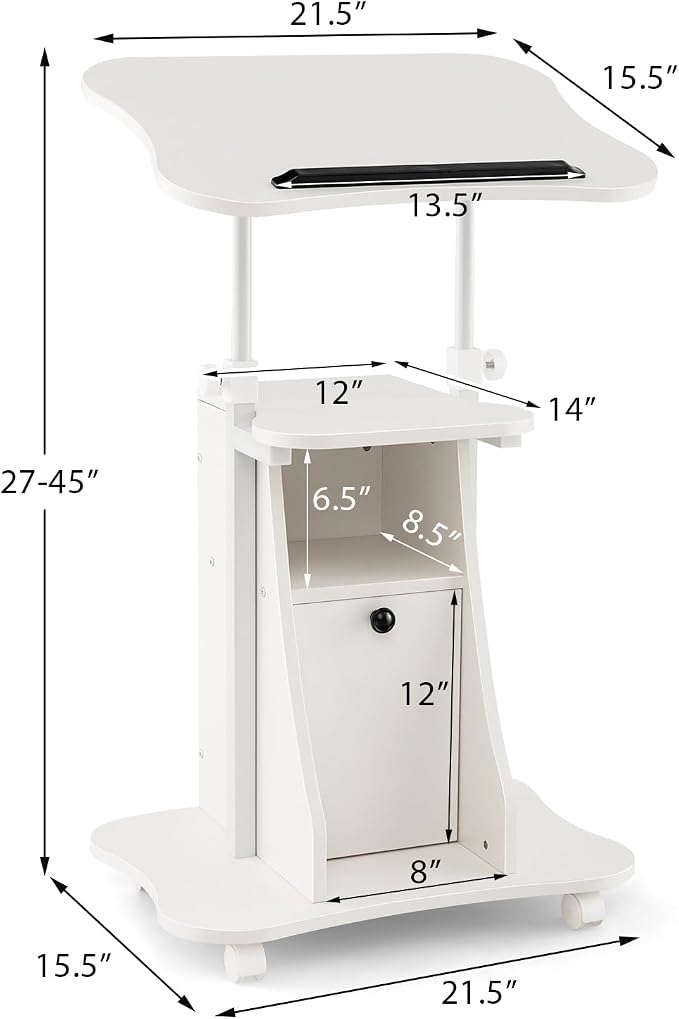 Tangkula Mobile Laptop Podium, Height Adjustable Sit to Stand Desk with Tilting Desktop & Storage Cabinet, Ergonomic Rolling Lectern Cart Laptop Desk, Office Podium Stand on Wheels