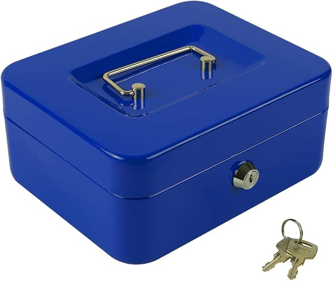 KYODOLED Cash Box with Money Tray,Storage Safe Lock Box with Key,Cash Drawer,7.87"x 6.30"x 3.54" Blue Medium