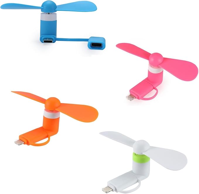 JORMEY 4 Pack Mini Cell Phone Fan, 2 in 1 Portable Cellphone Fan Pocket Fans Travel Fans Fast Cooling for Summer Outdoor, for Android Phone/Type-C Interfaces