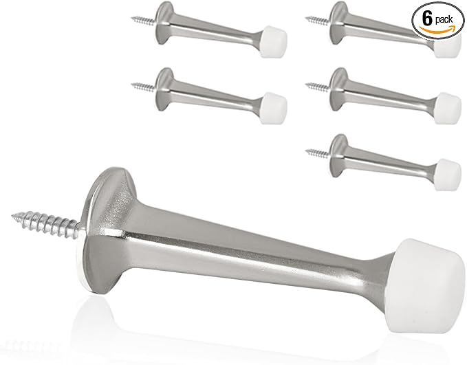 6 Pack Solid Rigid Door Stops - Heavy Duty Door Stoppers Wall Protector with Soft Rubber Tips, Satin Nickel