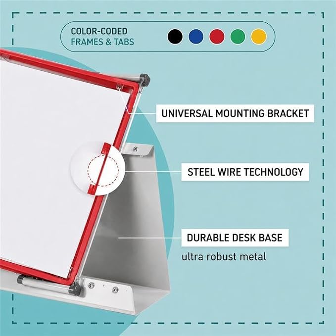 Tarifold Desktop Reference Display System, 10 Pockets, Expandable, Red | 10 double-sided PVC pockets hold 20 letter-size sheets, sturdy metal base, quick-find indexing, easy to assemble
