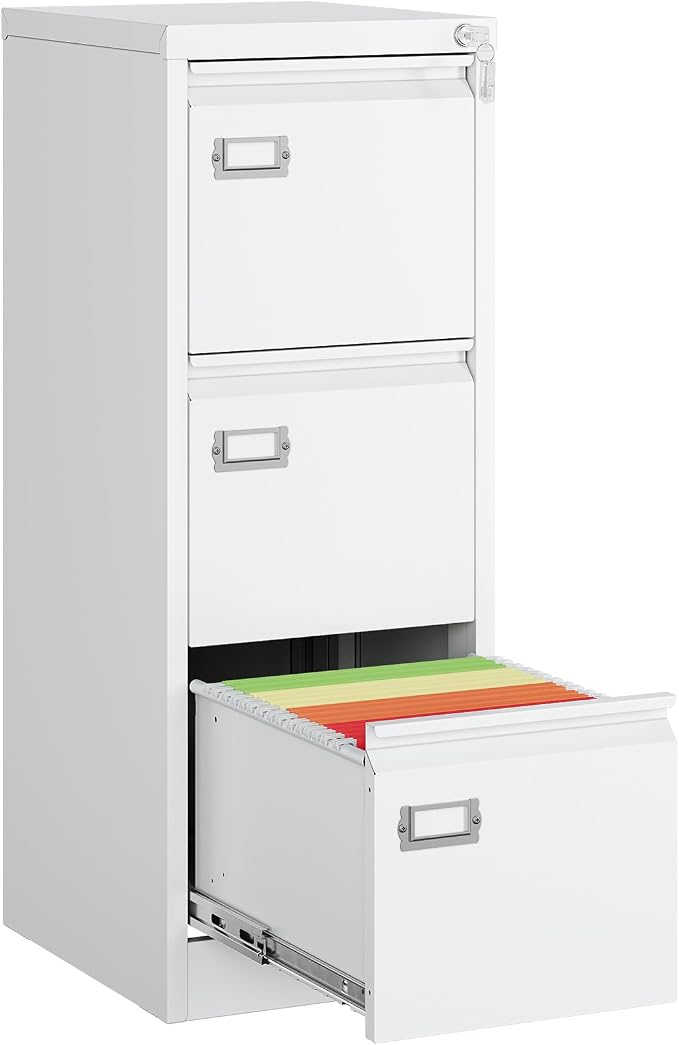 MIIIKO 3 Drawer File Cabinet, White Vertical Filing Cabinets with Lock, Home Office File Folders Storage Cabinet for Letter Legal A4 File Size