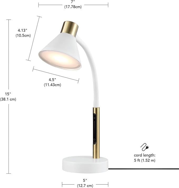 Globe Electric 15" LED Integrated Matte White Desk Lamp with Matte Brass Accent and Adjustable Silicone Gooseneck