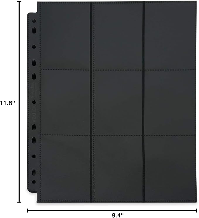 Vault X 9 Pocket Sideloading Pages for 3 Ring Binder (50 Pack) 900 Cards, Double-Sided A4, Storage for Trading Cards (Black)