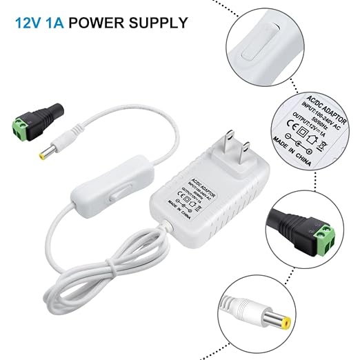 12V Power Supply, 12 Volt 1A 12W DC Power Supply with On Off Switch, White Switching LED Power Adapter, AC 110V to 12V Transformer Plug for LED Strip Lights with 5.5/2.1 DC Female Connector