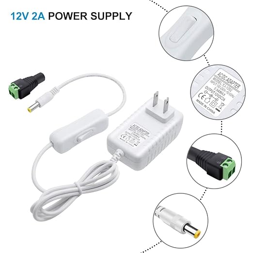 12V Power Supply, 12 Volt 2A 24W DC Power Supply with On Off Switch, White Switching LED Power Adapter, AC 110V to 12V Transformer Plug for LED Strip Lights with 5.5/2.1 DC Female Connector, 3 Pack