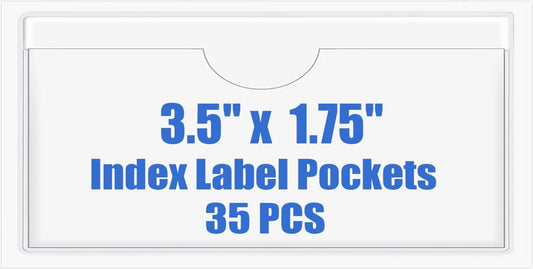 Origin-Joy 35 PCS Self Adhesive Index Card Pockets with Top Open, Clear Plastic Label Holder for Notes, Library and Business, Adhesive Label Pockets & Card Holder (3.5 x 1.75 inch)
