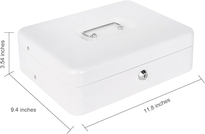 Cash Box with Money Tray and Lock, Money Box for Cash, Cash Register for Small Businesses, Metal Lock Box for Money 11.8" x 9.4" x 3.54" White