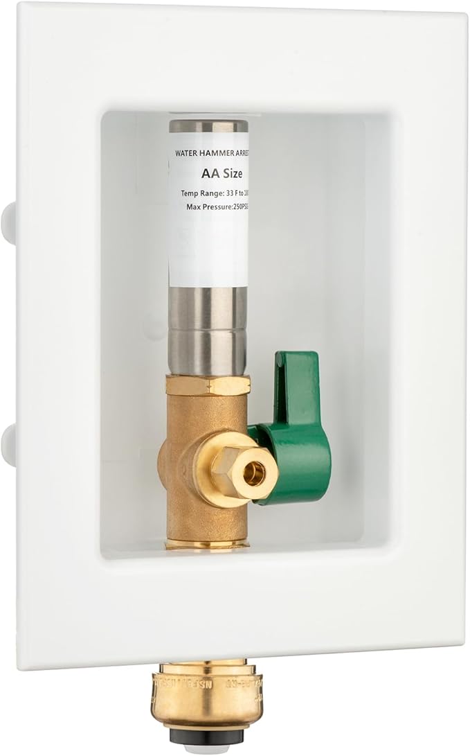 (1 Pack) Lidertik 1/2 inch Push-to-Connect Pre-Assembled Ice Maker Outlet Box Valve 1/4 inch Recessed Refrigerator Water Line Wall Box with Shut Off Valve and Stainless Steel Hammer Arrestor 651